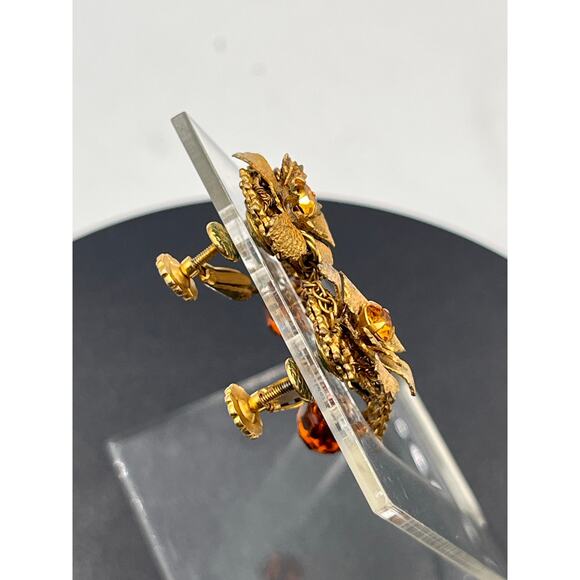 Miriam Haskell Vintage Signed Amber Crystal Floral Screw Back Chain Drop Earring - Picture 5 of 9